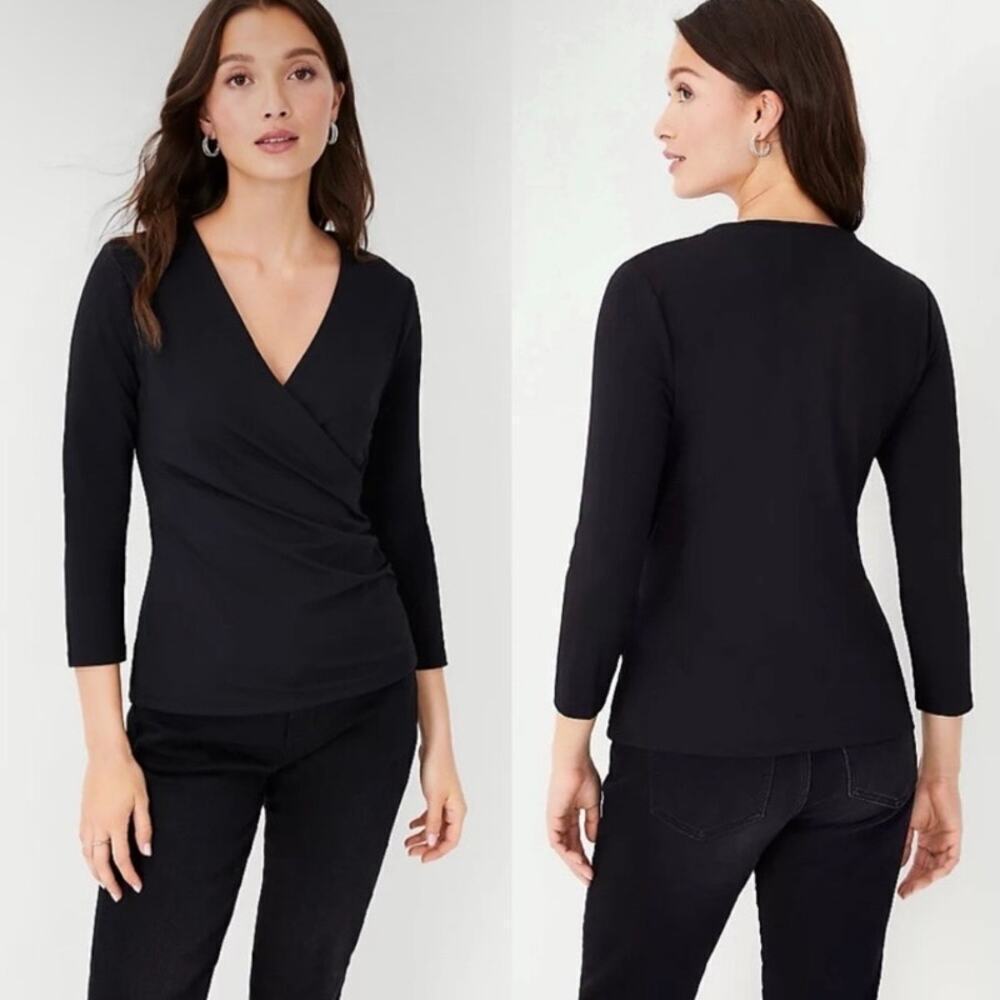 Ann Taylor Sz L Black Refined Stretch Wrap Top 3/4 Sleeve Fitted Feminine Office